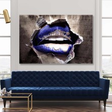 SML Tablo Mavi Rujlu Dudak Make Up Gazete Sayfaları Kanvas Tablo