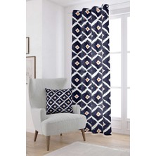 Cango Home Beyaz Lacivert Modern Baklava Desenli Dijital Baskılı Perde CGH340-PR