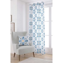 Cango Home Beyaz Mavi Modern Etnik Karo Desenli Dijital Baskılı Perde CGH575-PR