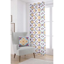 Cango Home Beyaz Mavi Modern Etnik Karo Desenli Dijital Baskılı Perde CGH570-PR