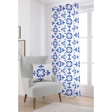 Cango Home Beyaz Mavi Modern Etnik Karo Desenli Dijital Baskılı Perde CGH567-PR