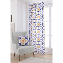 Cango Home Beyaz Mavi Modern Etnik Karo Desenli Dijital Baskılı Perde CGH571-PR