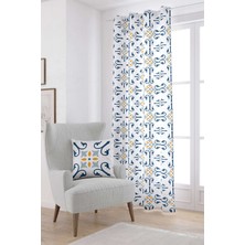 Cango Home Beyaz Mavi Modern Etnik Karo Desenli Dijital Baskılı Perde CGH579-PR