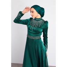 Livanomi Yeşil Ebru Tesettür Abiye Elbise