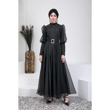 Livanomi Kemerli Siyah Tesettür Abiye Elbise