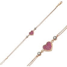 Stil Love Gümüş Pembe Kalpli Bayan Bileklik