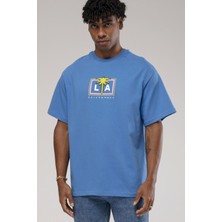 Glb Catch Erkek Owersıze Bisiklet Yaka Önü L A Californıa Baskılı Tişört -Mavi