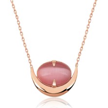 Stil Love Gümüş Pembe Kedi Gözü Taşlı Hilal Kolye