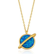 Stil Love Gümüş Gold Opal Taşlı Gezegen Bayan Kolye