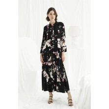 Monamise Kadın Çiçek ve Yaprak Desenli Önü Boydan Düğmeli Elbise 22093