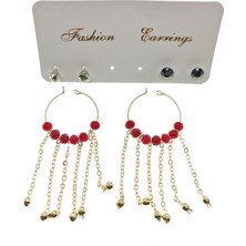 X-lady Accessories Altın Renk Kırmızı Boncuk Şık Sallantılı El Işi Kombin Küpe - 2236