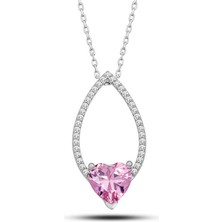 Stil Love Gümüş Pembe Taşlı Kalp Kadın Kolye