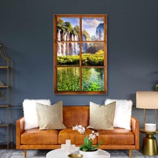 Göl ve Şelale Manzarasına Açılan Ahşap Pencere Nature Doğa Kanvas Tablo