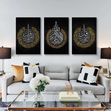 Gümüş ve Gold Nas Felak Suresi Ayetel Kürsi Hat Sanatı Kaligrafi Üçlü Kombin 3 Lü Set Kanvas Tablo