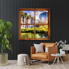 Göl ve Şelale Manzarasına Açılan Ahşap Pencere Nature Doğa Kanvas Tablo