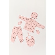 Baby Kids Colors  5 Parca Hastane Çıkışı Zıbın Set Yeni Doğan Fitilli Pembe Kumaşa Laci Kalpli