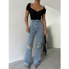Pubblica Kadın Mavi Yüksel Bel Önü Yırtık Detaylı Jean Denim Pantolon