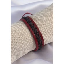 Clariss Bordo Renk Siyah İpli Deri Erkek Bileklik