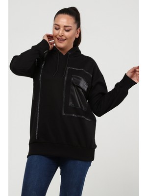 Ebsumu Kadın Büyük Beden Deri Cep Detaylı Taş Işlemeli Siyah Sweatshirt