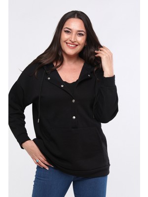 Ebsumu Kadın Büyük Beden Kanguru Cepli Basic Siyah Sweatshirt