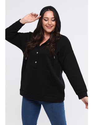 Ebsumu Kadın Büyük Beden Kanguru Cepli Basic Siyah Sweatshirt