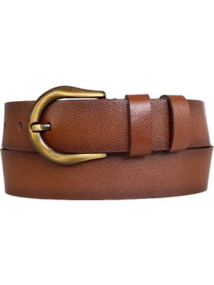 Goderi   Deri, Efsane Gold Fırçalı Tokalı, Kahverengi Kadın Kot Kemeri 4 cm