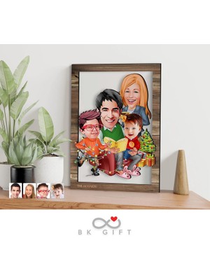 Bk Gift Kişiye Özel Yeni Yıl 4'lü Aile Karikatürlü 3D Ahşap Tablo-3