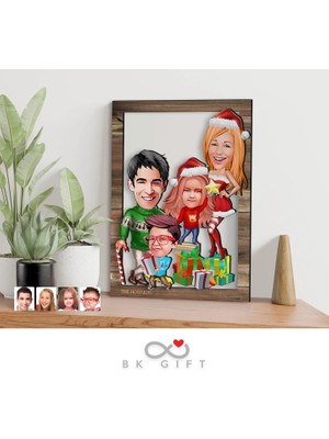 Bk Gift Kişiye Özel Yeni Yıl 4'lü Aile Karikatürlü 3D Ahşap Tablo-4