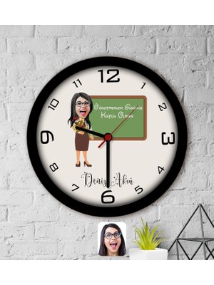 Bk Gift Kişiye Özel Öğretmen Karikatürlü Ahşap Duvar Saati-1