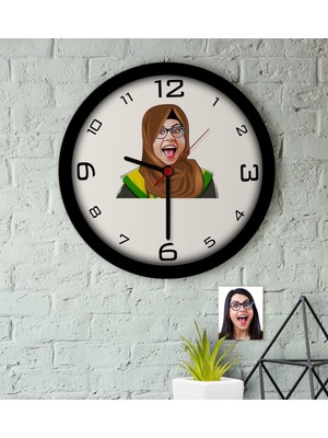 BK Kişiye Özel Tesettürlü Bayan Öğretmen Karikatürlü Ahşap Duvar Saati-3
