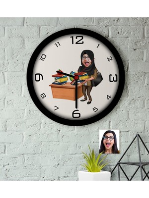 BK Kişiye Özel Bayan Öğretmen Karikatürlü Ahşap Duvar Saati-8