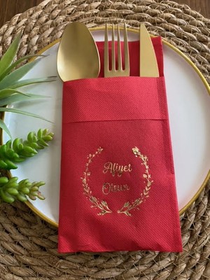 Kidspartim Gold Yaldızlı Kırmızı Afiyet Olsun Cepli Peçete 12 Lı 40X40