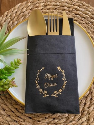 Kidspartim Gold Yaldızlı Siyah Afiyet Olsun Cepli Peçete 12 Lı 40X40