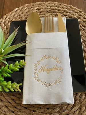 Kidspartim Gold Yaldızlı Beyaz Hoşgeldiniz Cepli Peçete 12 Li