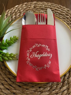 Kidspartim Gümüş Yaldızlı Kırmızı Hoşgeldiniz Cepli Peçete 12 Li