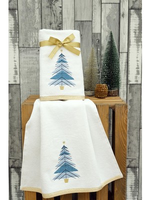 Woop Home 2'li 46X71 Beyaz Kadife Mavi Çam Ağacı Işlemeli Yılbaşı Havlusu