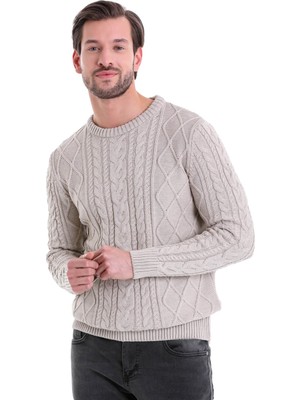 Hatemoğlu Bej Regular Fit Desenli Bisiklet Yaka Pamuklu Triko Kazak