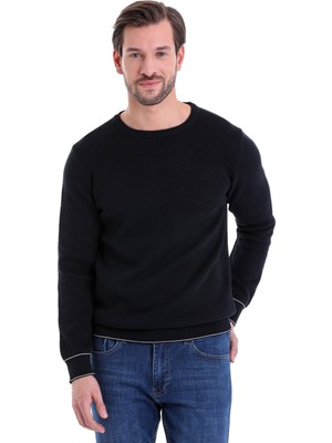 Hatemoğlu Lacivert Regular Fit Çizgili Bisiklet Yaka Pamuklu Triko Kazak