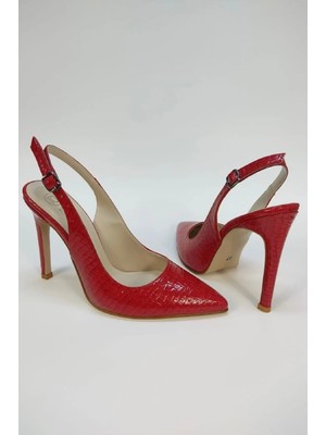 La Limar Kırmızı Yılan Derisi  Desenli  Stiletto Sivri Burun Kadın Topuklu Ayakkabı