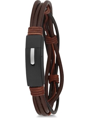 FRNCH 316L Çelik Kahverengi Renkli Deri Erkek Bileklik FRJ11729-1829-K