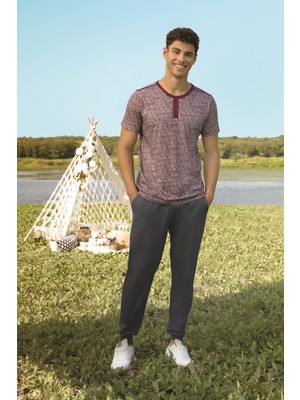 Doreanse Erkek Gri Bordo Desenli Düğmeli Bisiklet Yaka T-Shirt Pijama Takımı 4743