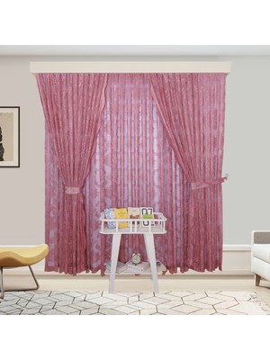 Perhal Damaks Osmanlı Desen Pembe-Gül Kurusu Örme Iç Tül ve Fon Komple Takım Seyrek Pile Tül Perde