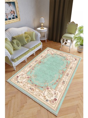 10 Post Online Klasik Salon Halısı Turkuaz Krem Yolluk Kaymaz Yuvarlak Oval Kesme Ince Yıkanabilir Halı