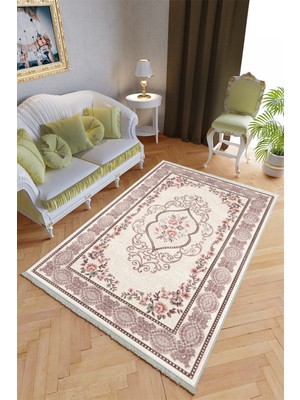 10 Post Online Klasik Salon Halısı Mor Ekru Yolluk Kaymaz Yuvarlak Oval Kesme Ince Yıkanabilir Halı