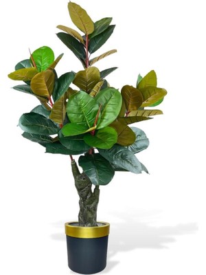 Nettenevime Yapay Ağaç Kauçuk Ağacı Metal Gold Kemerli Saksıda Ficus Elastica Salon Çiçeği 150*90 61 Yaprak