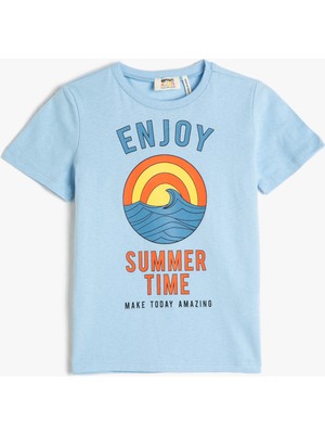 Koton Baskılı Kısa Kollu Tişört Bisiklet Yaka Pamuklu