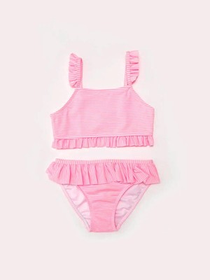 Çizgili Fırfırlı Kız Çocuk Bikini Takım