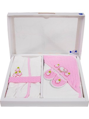 Cucul Bebek Pembe Bornoz Takımı 4 Parça Havlu Terlik Kese Bornoz