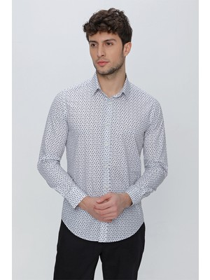 İmza Gri Baskılı Slim Fit Uzun Kol Gömlek 25130100