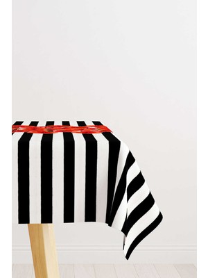 Cango Home Kırmızı Siyah Çizgili Çiçek Desenli Dijital Baskılı Masa Örtüsü CGH1072-MS